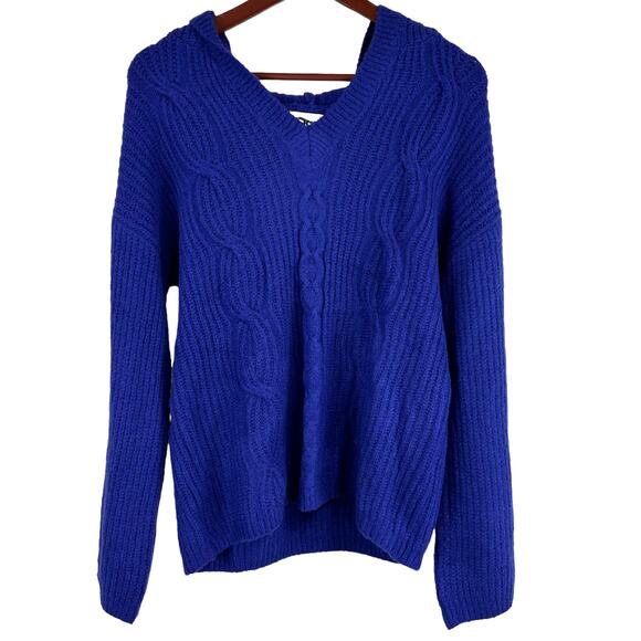 Kikit NWT Cable Knit V-Neck Hoodie Sweater Size L Blue Ribbed Trim Cozy Fuzzy - Picture 1 of 8